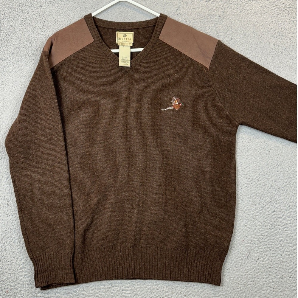 Beretta Sweater Mens XL Brown Wool Shooting V-Neck Pheasant Knit Pullover EUC